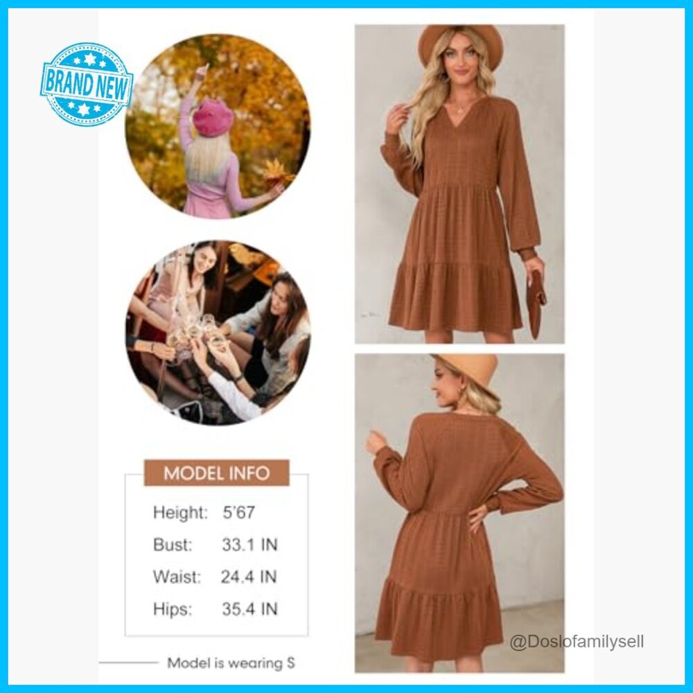 Long Sleeve V Neck Tiered Ruffle A-Line Mini Babydoll Dress Casual Chic - Picture 6 of 7